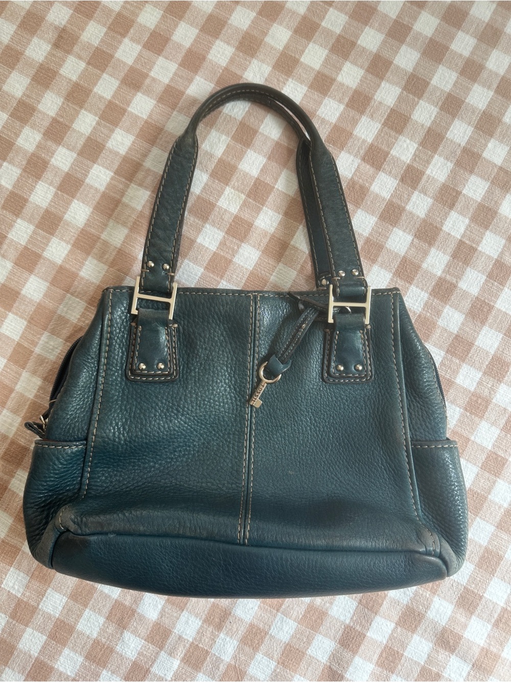 FOSSIL PEBBLED Leather Shoulder Bag Dark Blue Purse Handbag Medium 75082 Bag